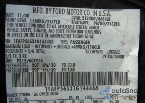 2001 Ford Taurus from USA, damaged, VIN 1FAFP56S31G144488